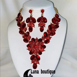 Large Red Statement Necklace And Earrings Set
